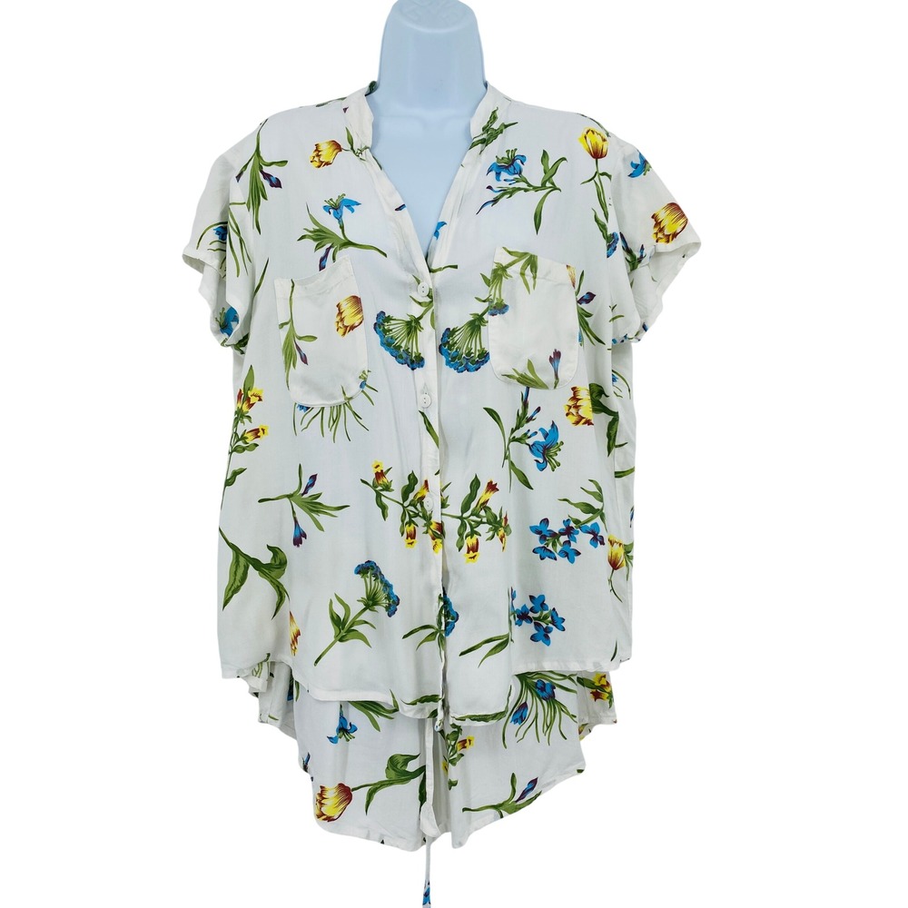 Piyama Pajama Set Women M White Floral Rayon Short Sleeve‎ Shirt Shorts